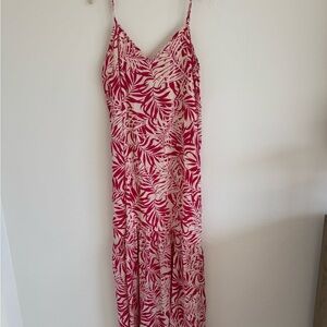 Hot Pink and Cream Leaf Print Maxi Dress